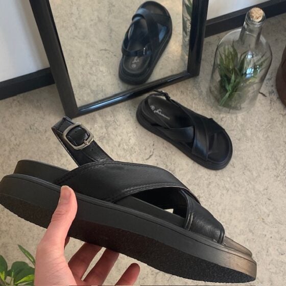 Elegant svart lærsandal med hælrem